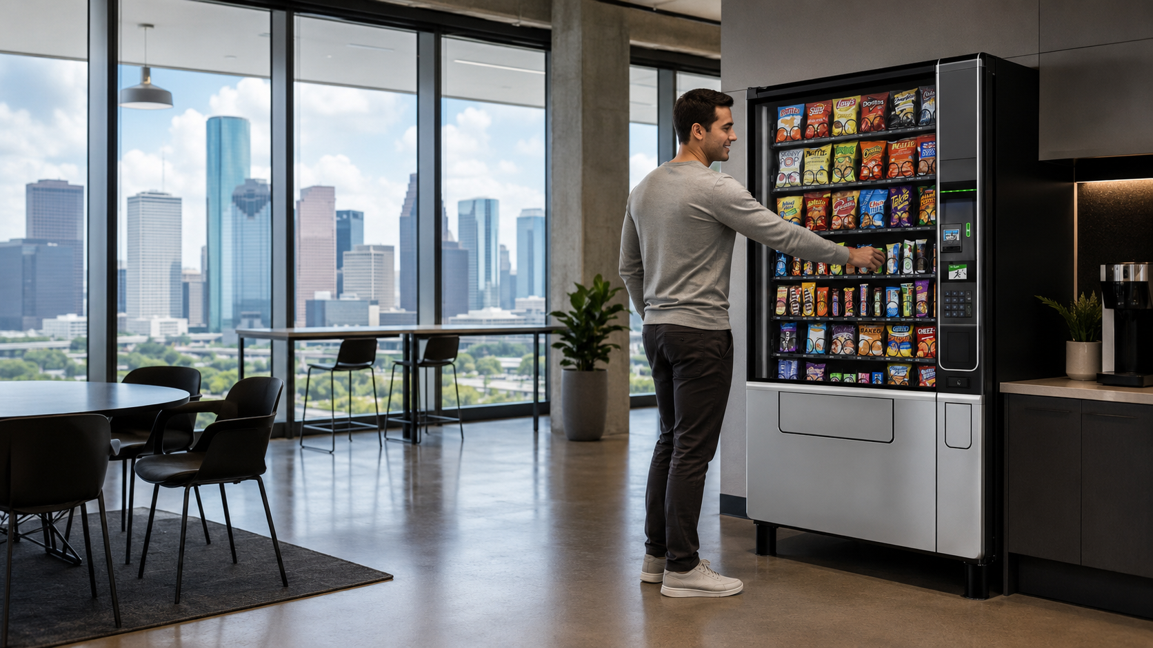 A recessed bank of modern Evoke 6 vending machines in a Houston workplace with people using the machines.