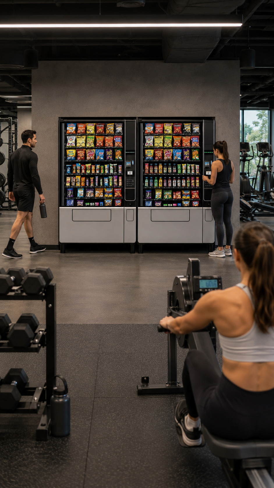 People exercising among weight racks and cardio equipment in a gym.