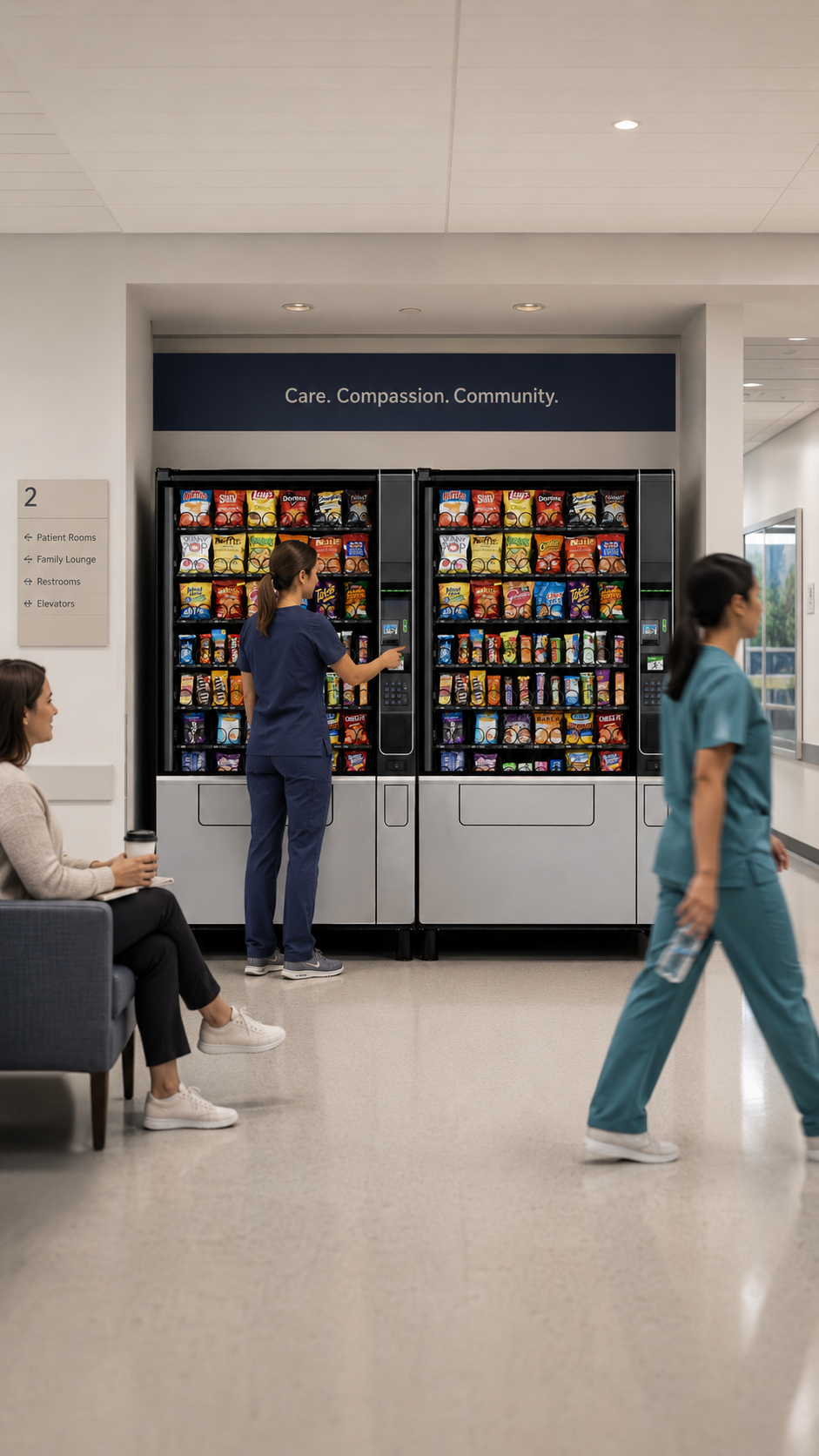 Hospital staff walking through a clinical corridor.