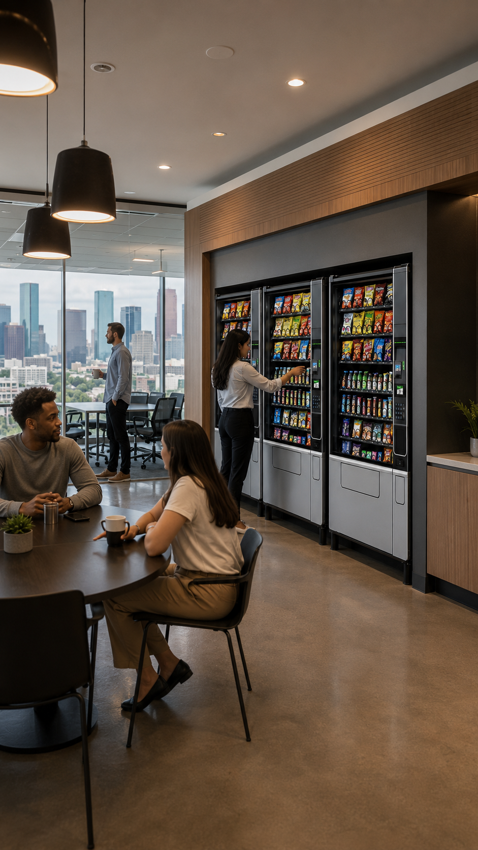 People in a modern office break room.