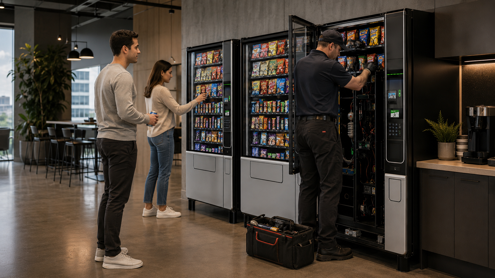A service technician maintaining a bank of vending machines in a workplace.