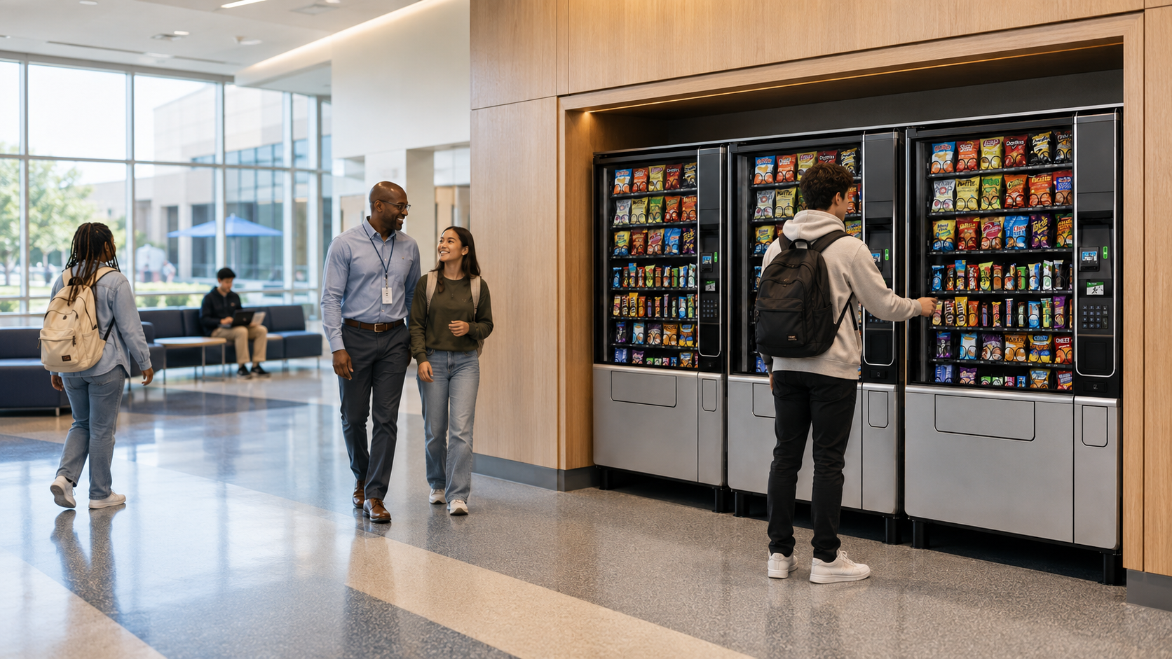 Students walking through a school corridor.